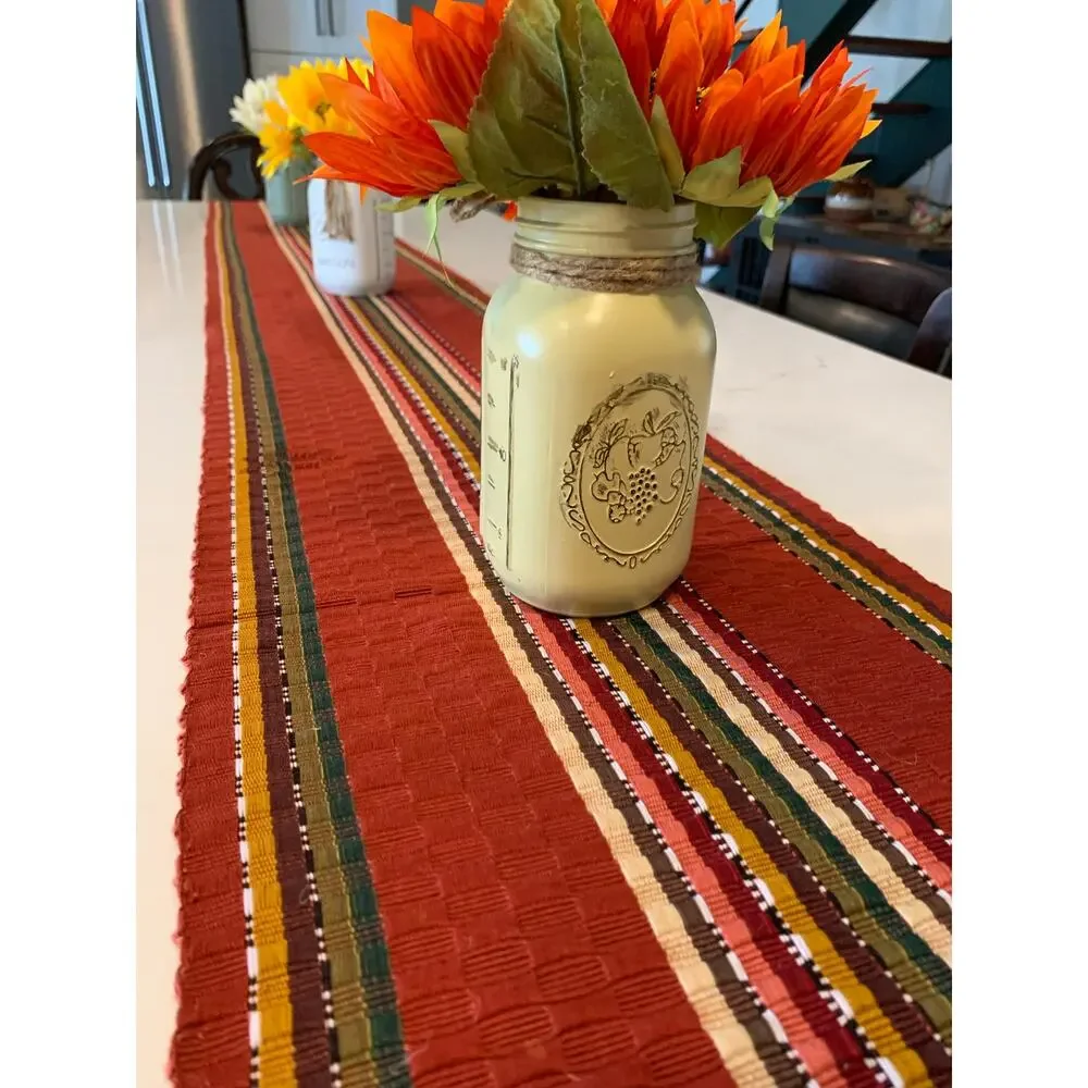 Fall Table Runner 112” Rust Red Striped Woven Tassel Thanksgiving Farmhouse